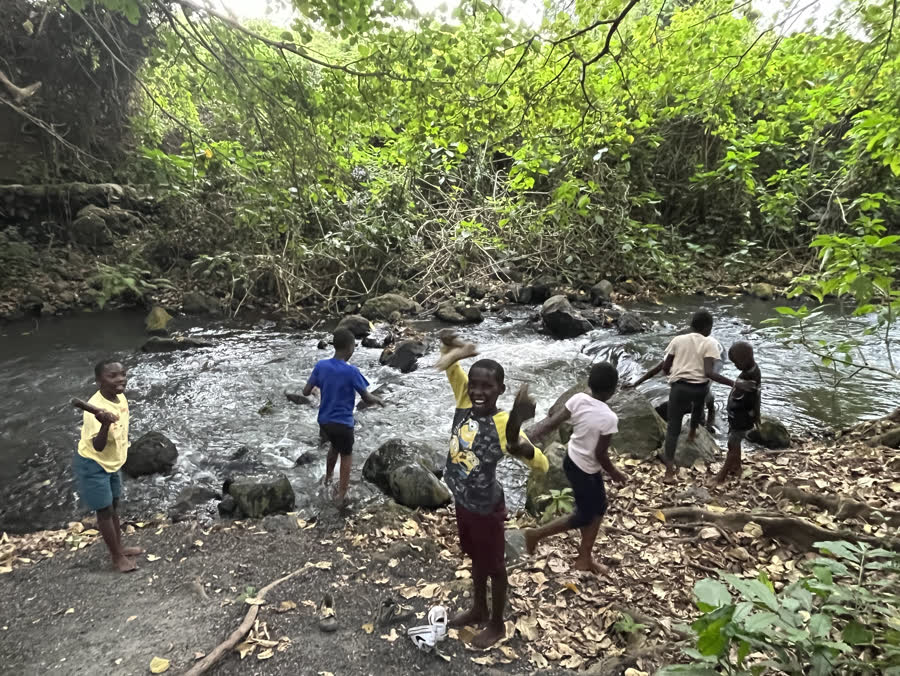 Children playing among the rocks at a river surrounded by forest.