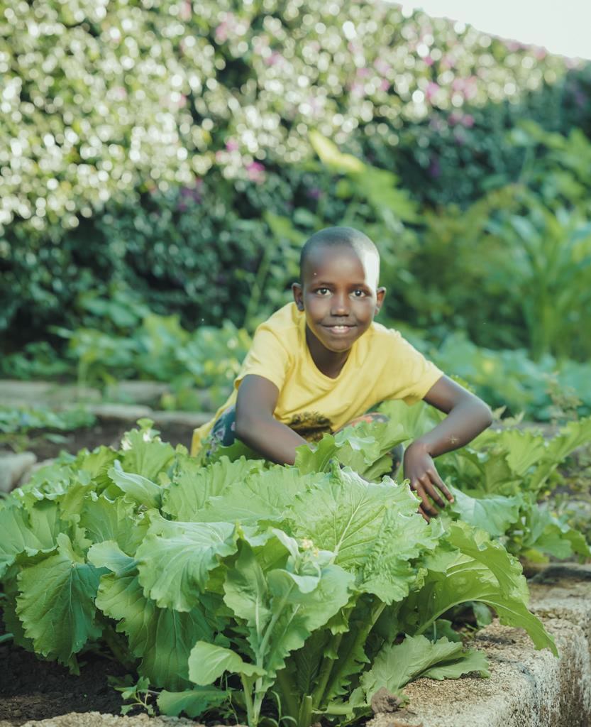 A boy at the home crouching beside a bed of leafy greens he helps grow in the garden.